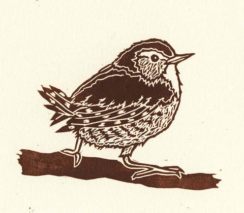 Wren linocut by Three Bears Prints