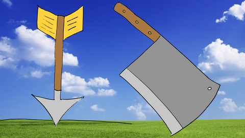 a memory object for 到; an arrow stuck in the ground and a butcher knife