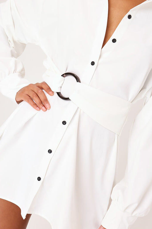 white poplin belted bardot shirt dress