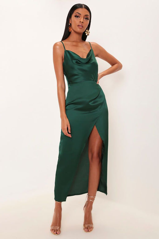 Petite Emerald Green Satin Wrap Detail Maxi Dress