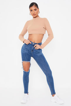 Mid Wash High Waisted Rip Knee Skinny Jeans