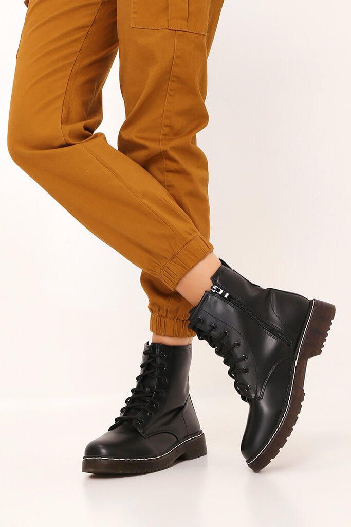 Black Chunky Military Lace Up Boots 