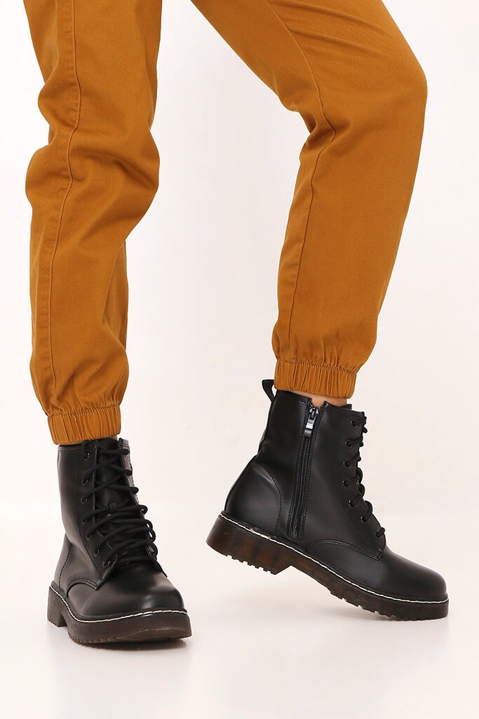 black chunky military lace up boots