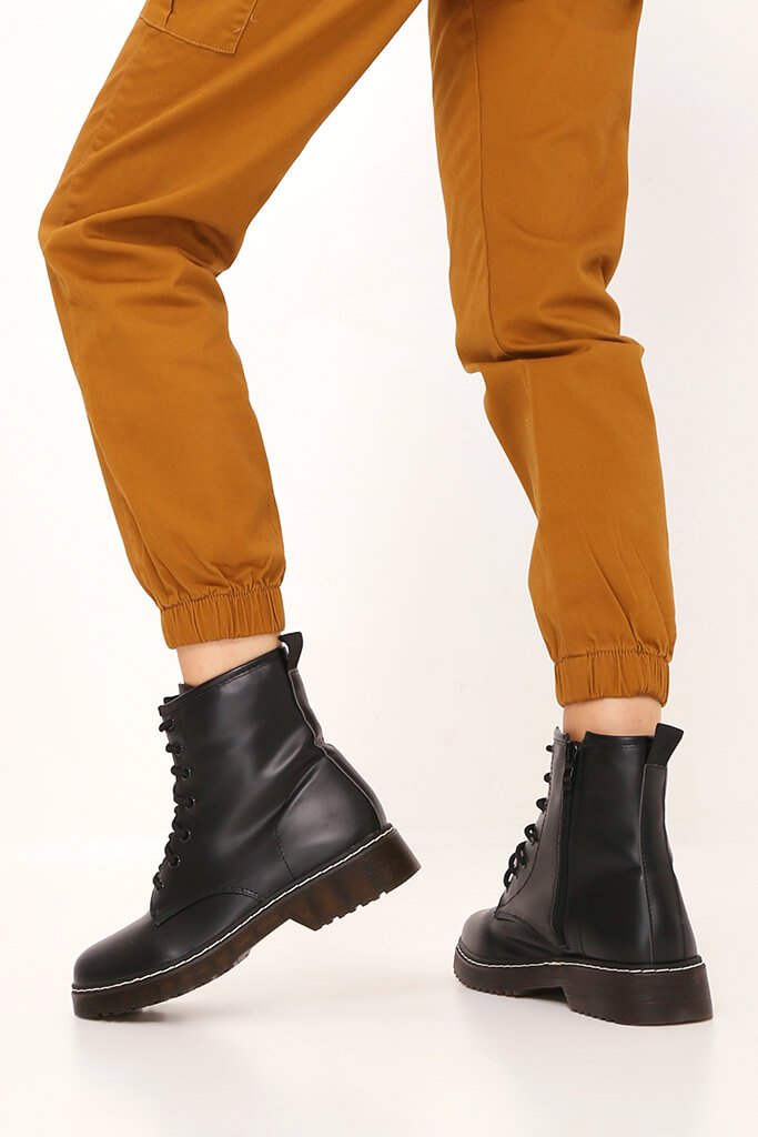 Black Chunky Military Lace Up Boots 