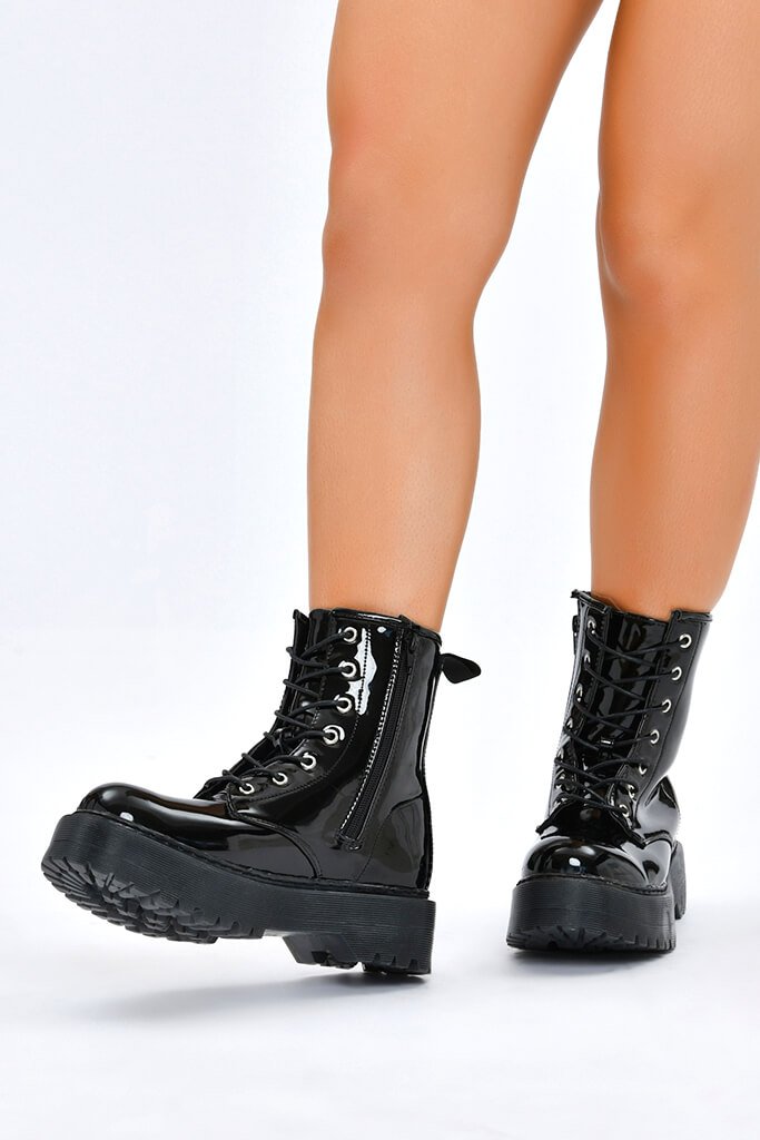 Black Patent Military Boots With Chunky 