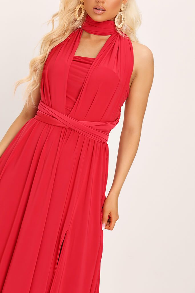 red plunge maxi dress