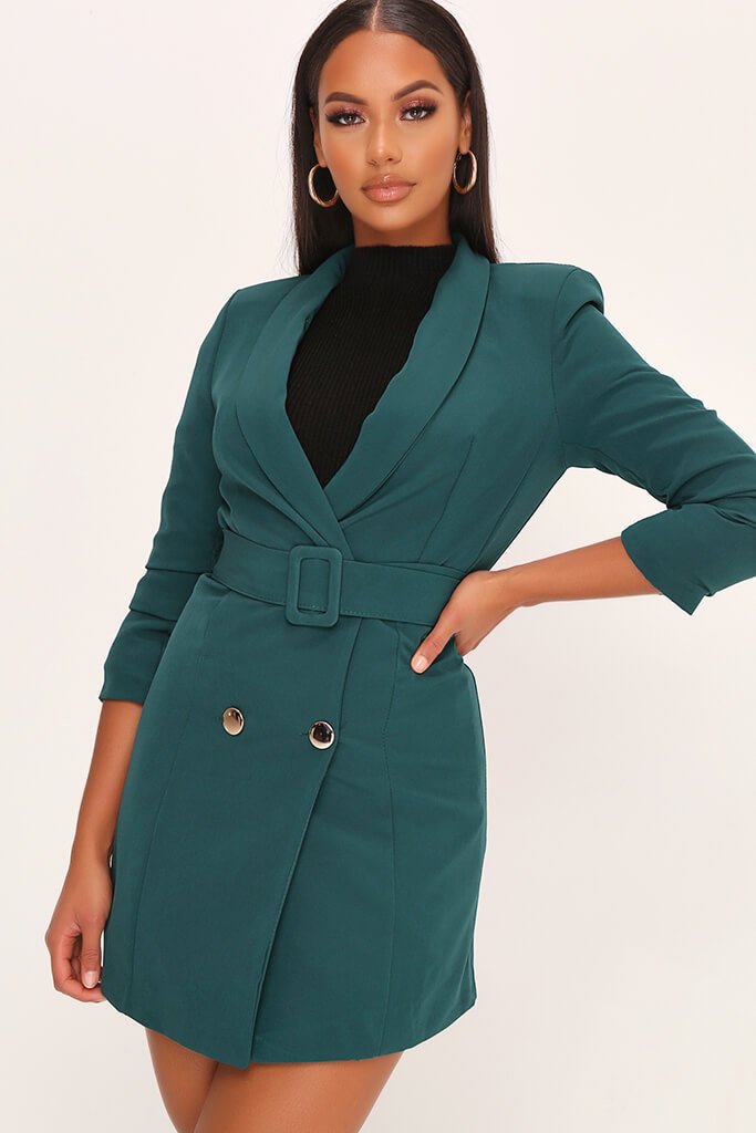 Emerald Woven Ruched Sleeve Belted Blazer Dress | Dresses | Blazer ...