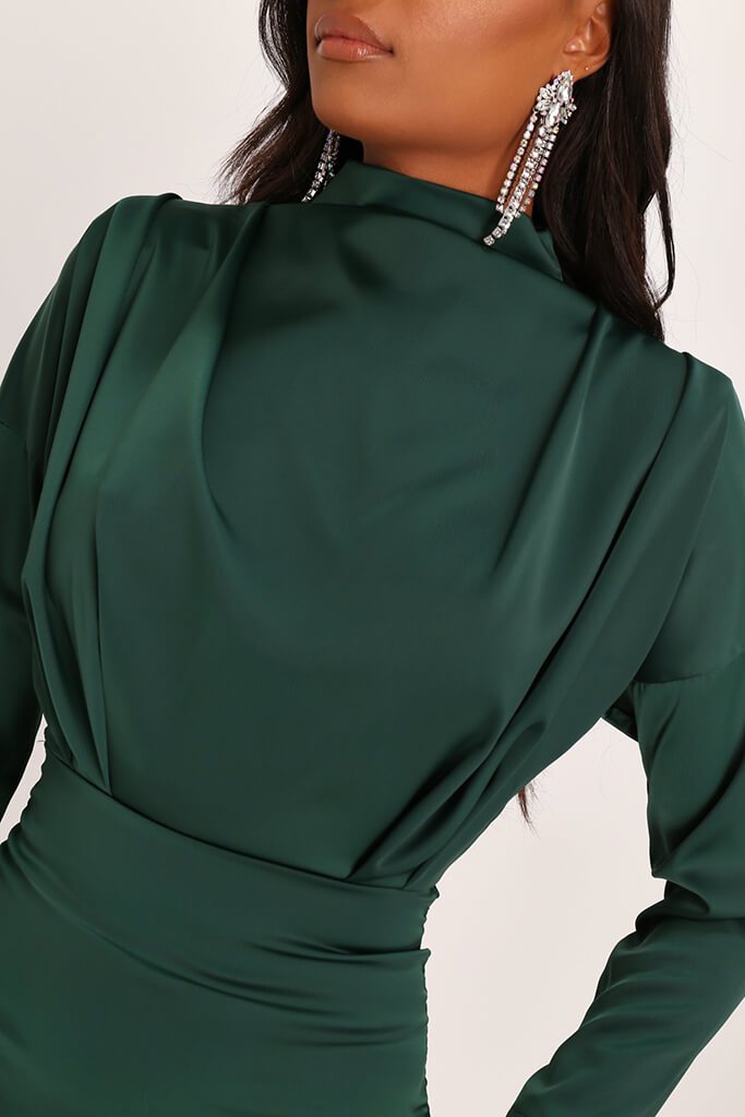 Emerald Green Satin High Neck Ruched Back Mini Dress | Dresses | I SAW ...