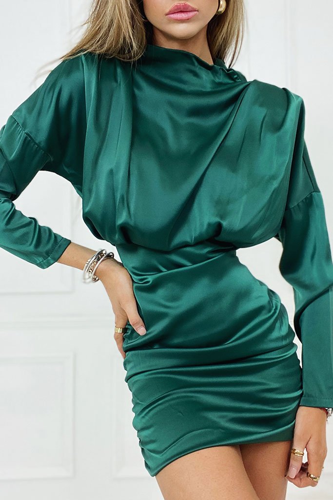 Emerald Green Satin High Neck Ruched Back Mini Dress | Dresses | I SAW ...