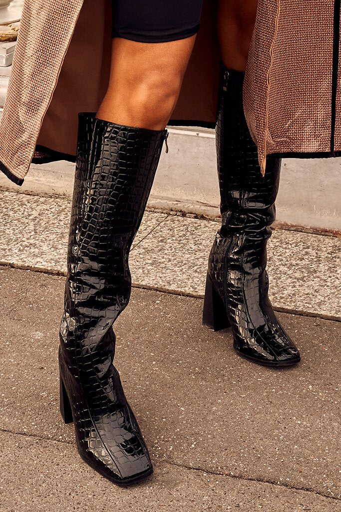 Black Croc Heeled Calf Boots | Long 