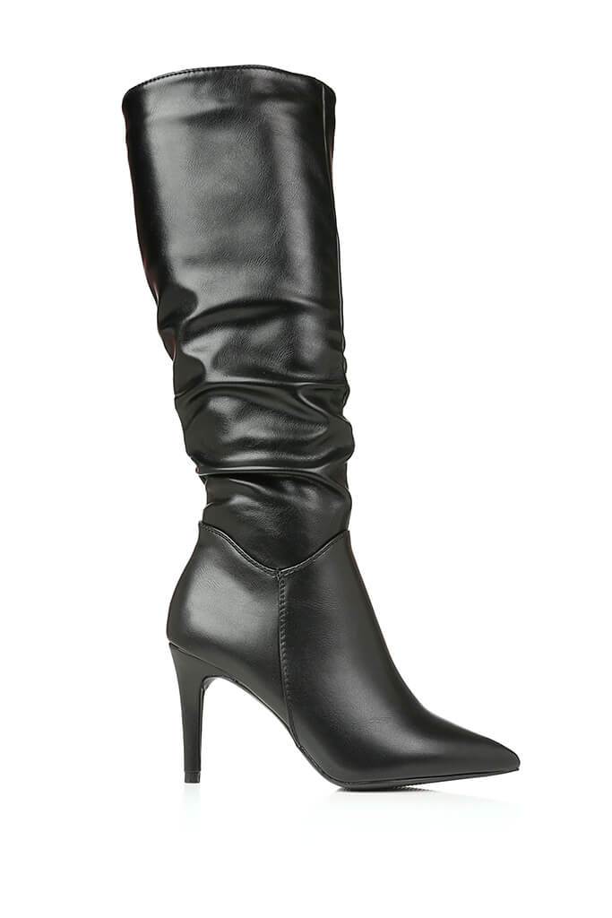 Black Ruched Mid Calf Boots With Pointed Toe | I SAW IT FIRST