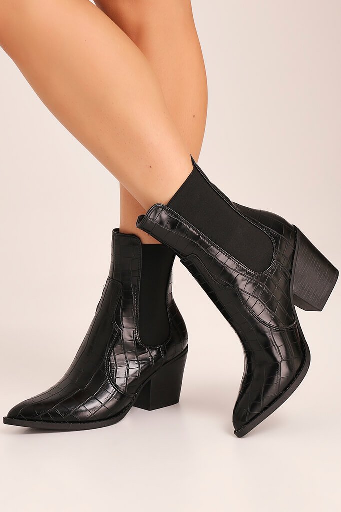 black croc pointed boots