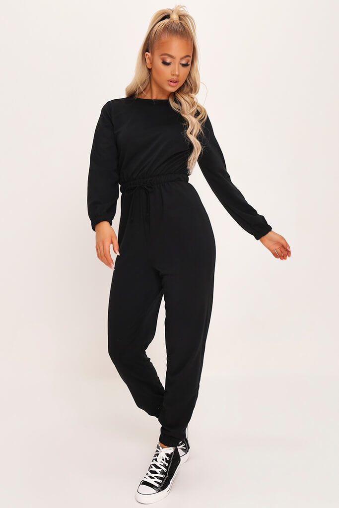 Black Crew Neck Long Sleeve Sweat Jumpsuit | Long sleeve jumpsuit | I ...