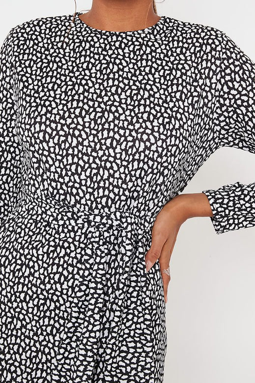 Black Leopard Print Long Sleeve Tie Waist Frill Detail Dress
