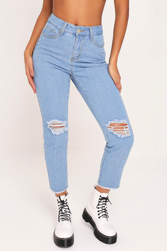 Light Blue Ripped Knee Mom Jeans With Frayed Hem | Jeans | I SAW IT FIRST