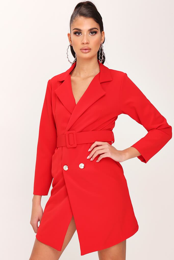 Red Woven Double Breasted Tie Waist Blazer Dress