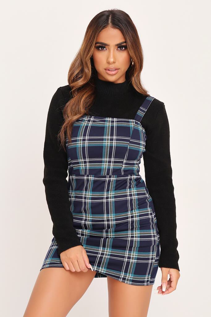 blue plaid pinafore dress