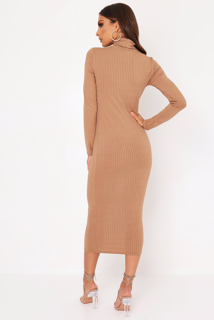 Camel Ribbed High Neck Long Sleeve Midi Dress | Midi dress | I SAW IT FIRST