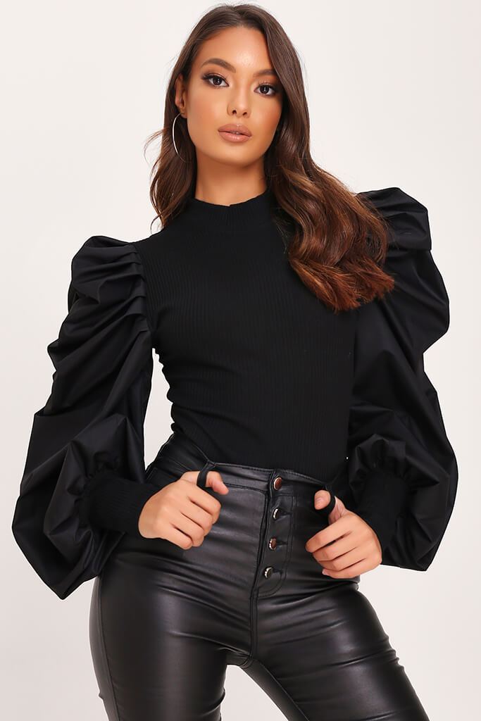 Black Extreme Puff Sleeve Ribbed Top | Blouse | I SAW IT FIRST