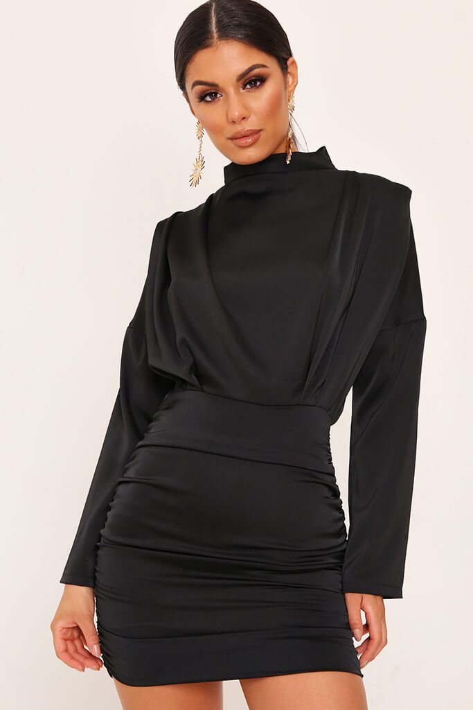 black satin v neck dress