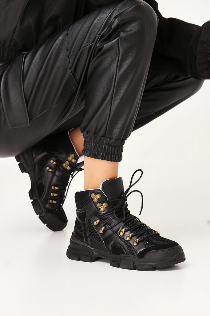 black chunky lace up hiker boots