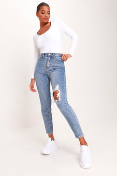 Mid Wash Back Leg Ripped Mom Jeans | Denim | Jeans | I SAW IT FIRST