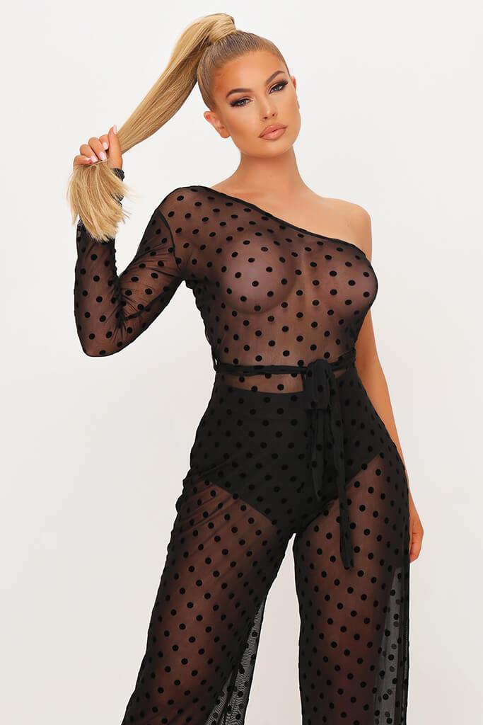 Black Polka Dot Mesh One Shoulder Jumpsuit Long S