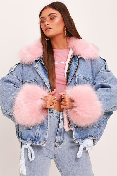 Blue Denim Jacket With Pink Faux Fur | Denim jacket | I SAW IT FIRST