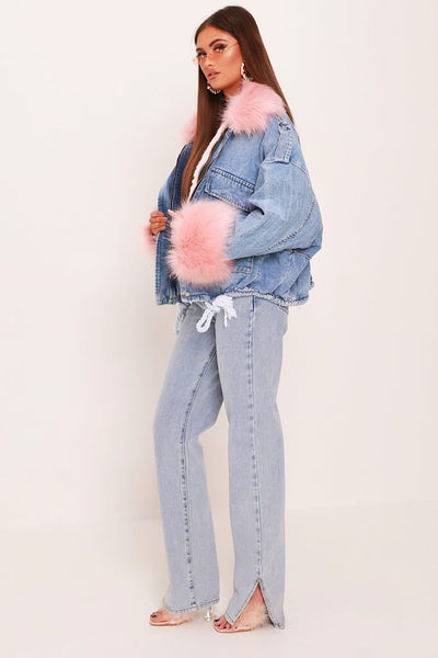 Blue Denim Jacket With Pink Faux Fur | Denim jacket | I SAW IT FIRST