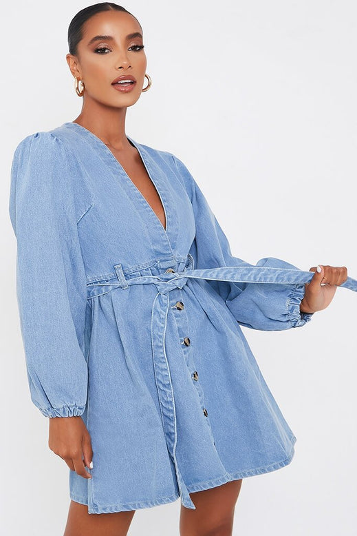 Light Wash Puff Sleeve Denim Dress Denim Denim Dress I Saw It First 