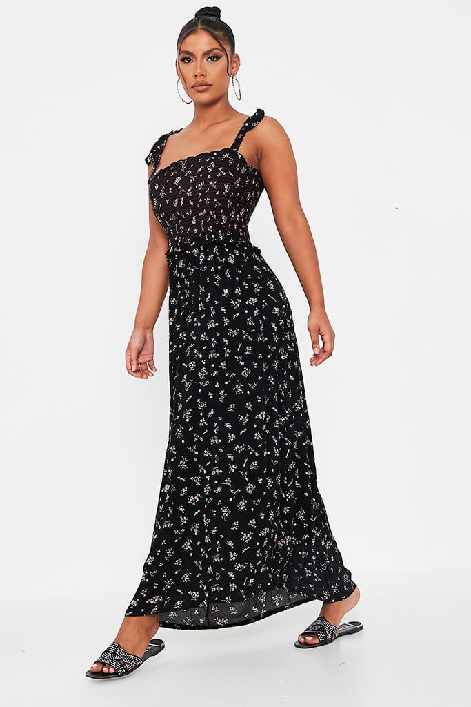Black Ditsy Floral Shirred Tie Strap Maxi Dress | Maxi dress | I SAW IT ...