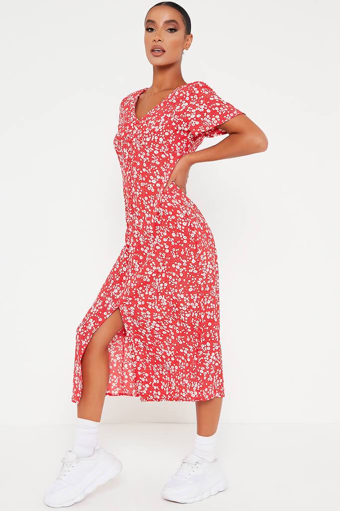 narrated red ditsy floral midi dress