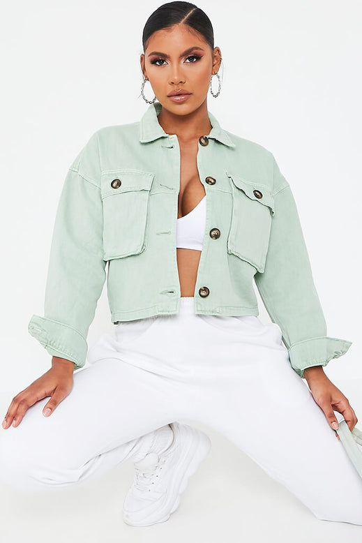 Mint Green Utility Pocketed Denim Jacket Denim Denim jacket I SAW