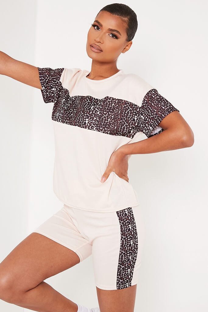 Stone Leopard Panel Oversized T Shirt And Cycling Short Set