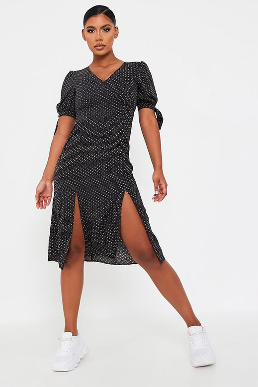 Black Polka Dot Woven Puff Sleeve Midi Tea Dress | Dresses | Midi dress ...