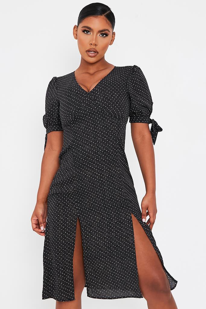 Black Polka Dot Woven Puff Sleeve Midi Tea Dress | Midi dress | I SAW ...