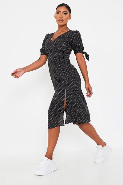 Black Polka Dot Woven Puff Sleeve Midi Tea Dress | Dresses | Midi dress ...