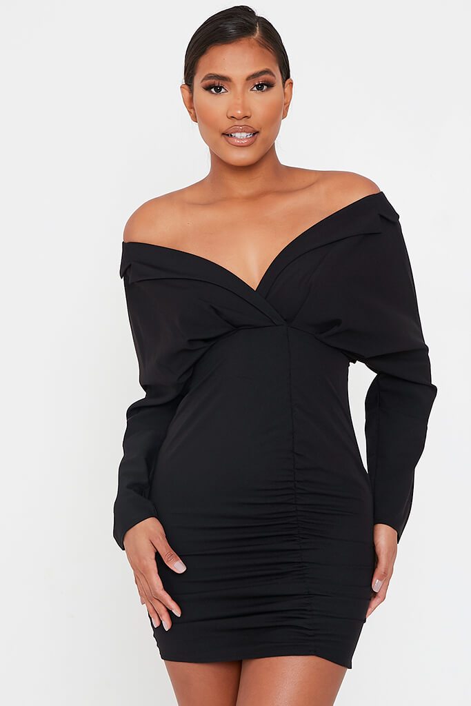 Black Woven Off The Shoulder Ruched Blazer Dress