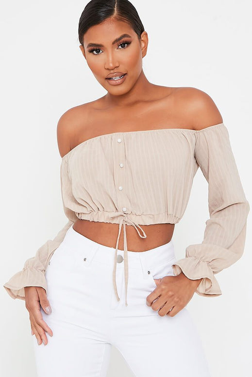 Taupe Woven Bardot Milkmaid Crop Top | Tops | Crop top | I SAW IT FIRST