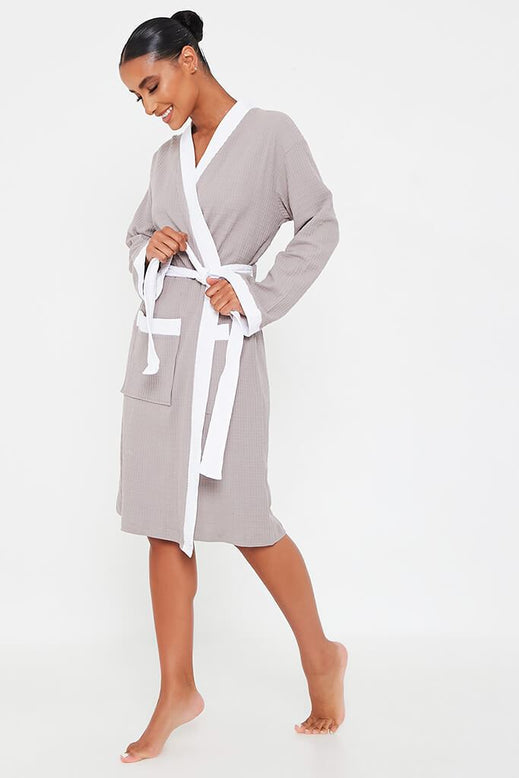 Grey Waffle Robe Nightwear Dressing Gown I Saw It First 3436