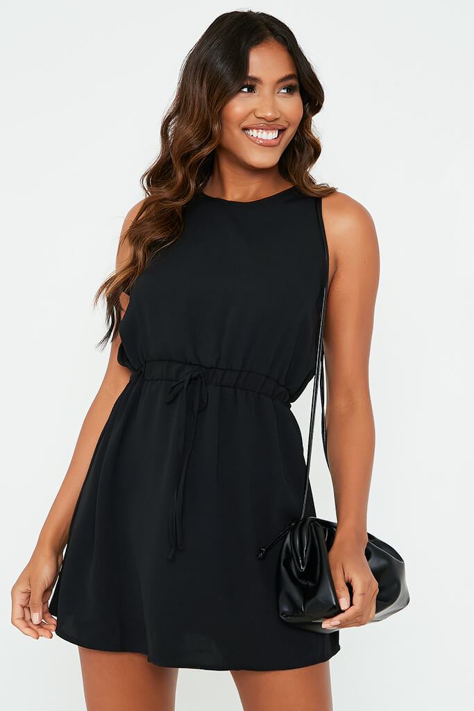 Black Woven Crew Neck Sleeveless Shift Dress