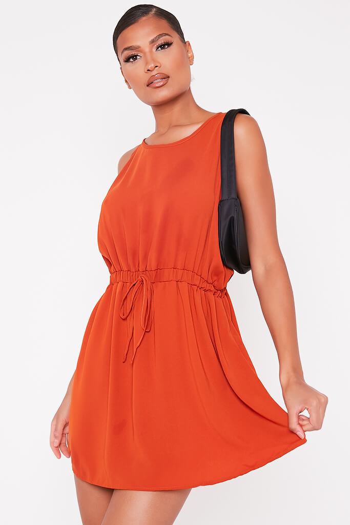 Rust Woven Crew Neck Sleeveless Shift Dress