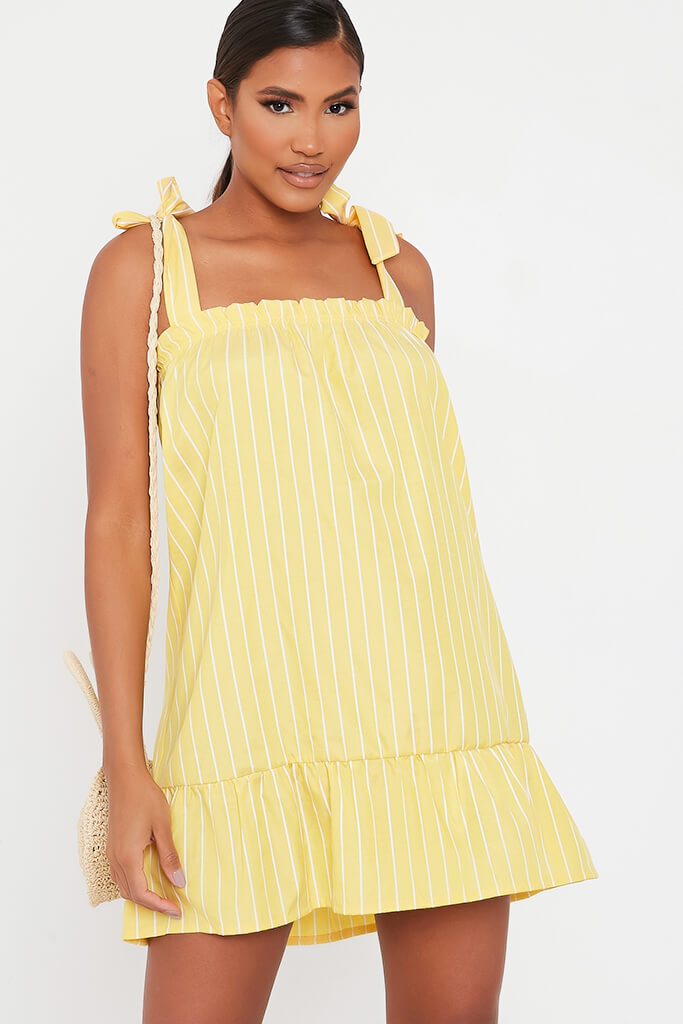 Yellow Woven Stripe Square Neck Tie Strap Shift Dress