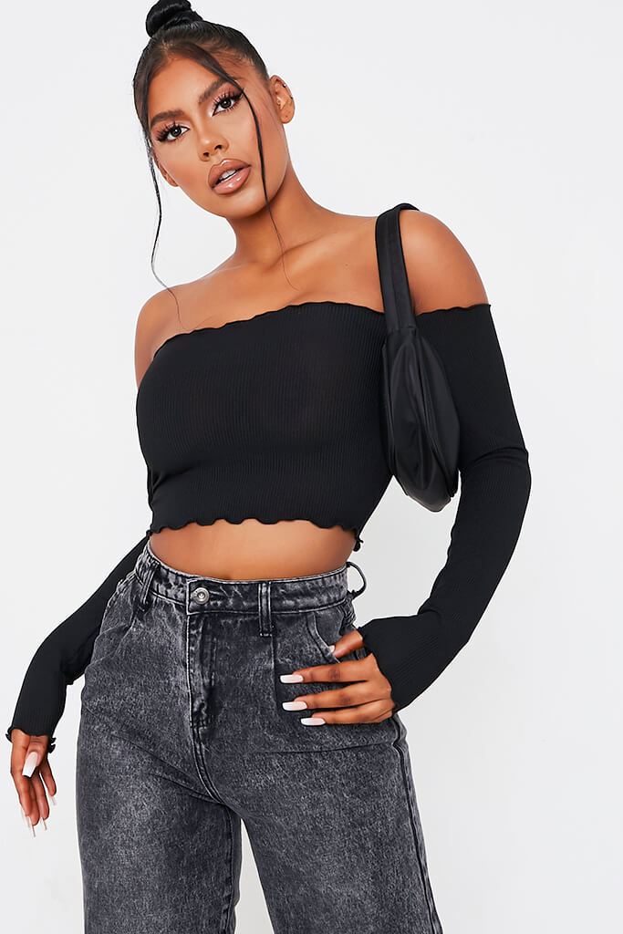 Black Rib Bardot Lettuce Hem Long Sleeve Crop Top Crop Top I Saw It