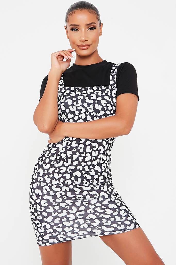 Black Crepe Leopard Print Pinafore Dress