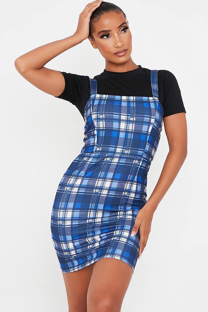 Blue Crepe Check Print Pinafore Dress