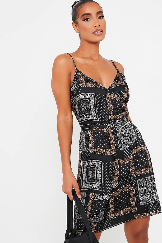 Black Woven Abstract Print Tie Side Shift Dress