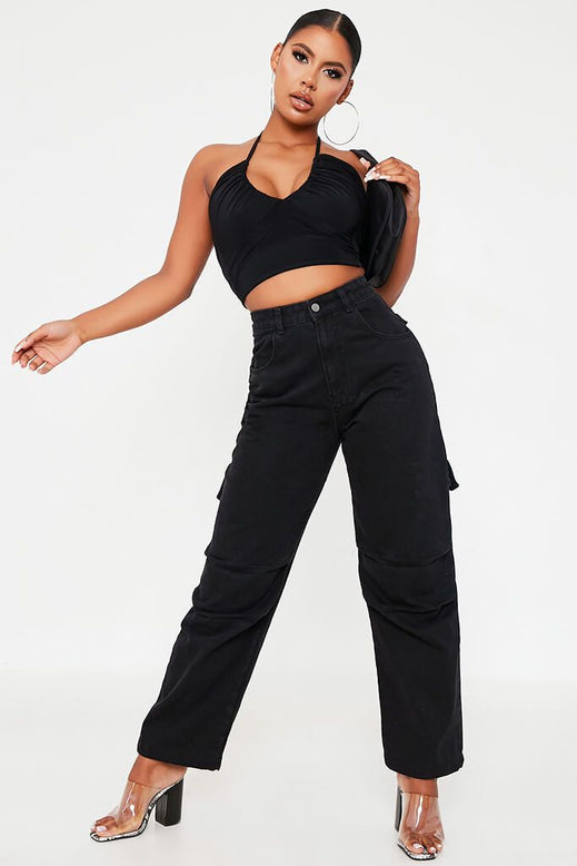 Black Double Layer Slinky Halterneck Tie Back Crop Top | Tops | Crop ...