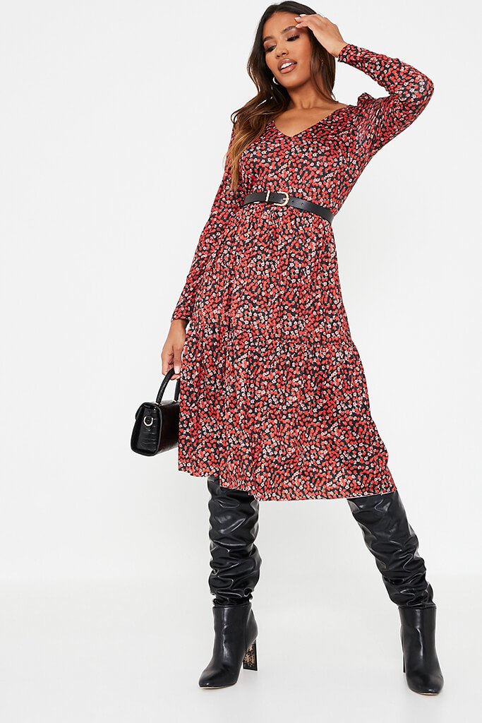 Red Woven Floral Print Long Sleeve V Neck Smock Dress