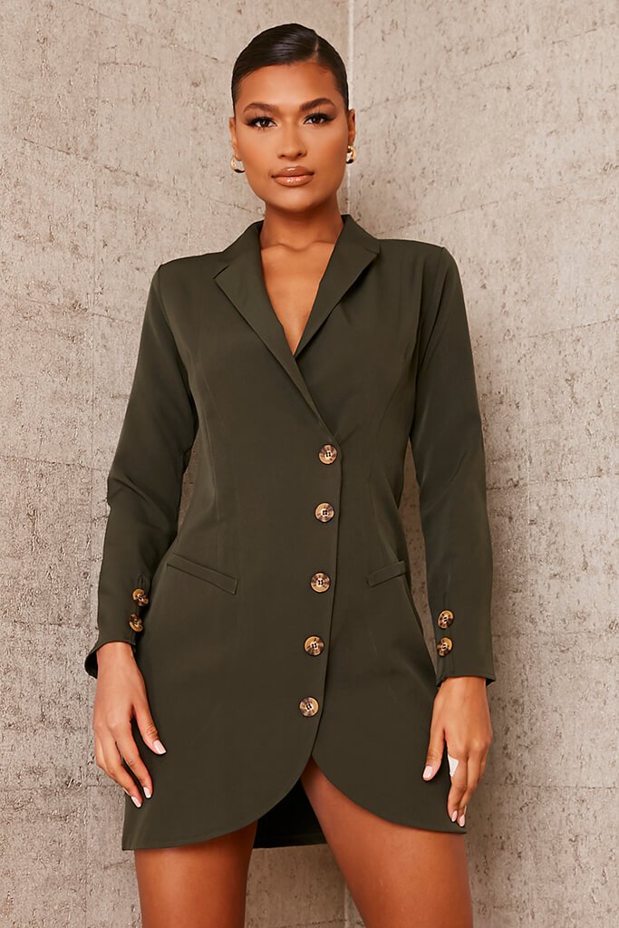 Khaki Woven Button Front Blazer Dress